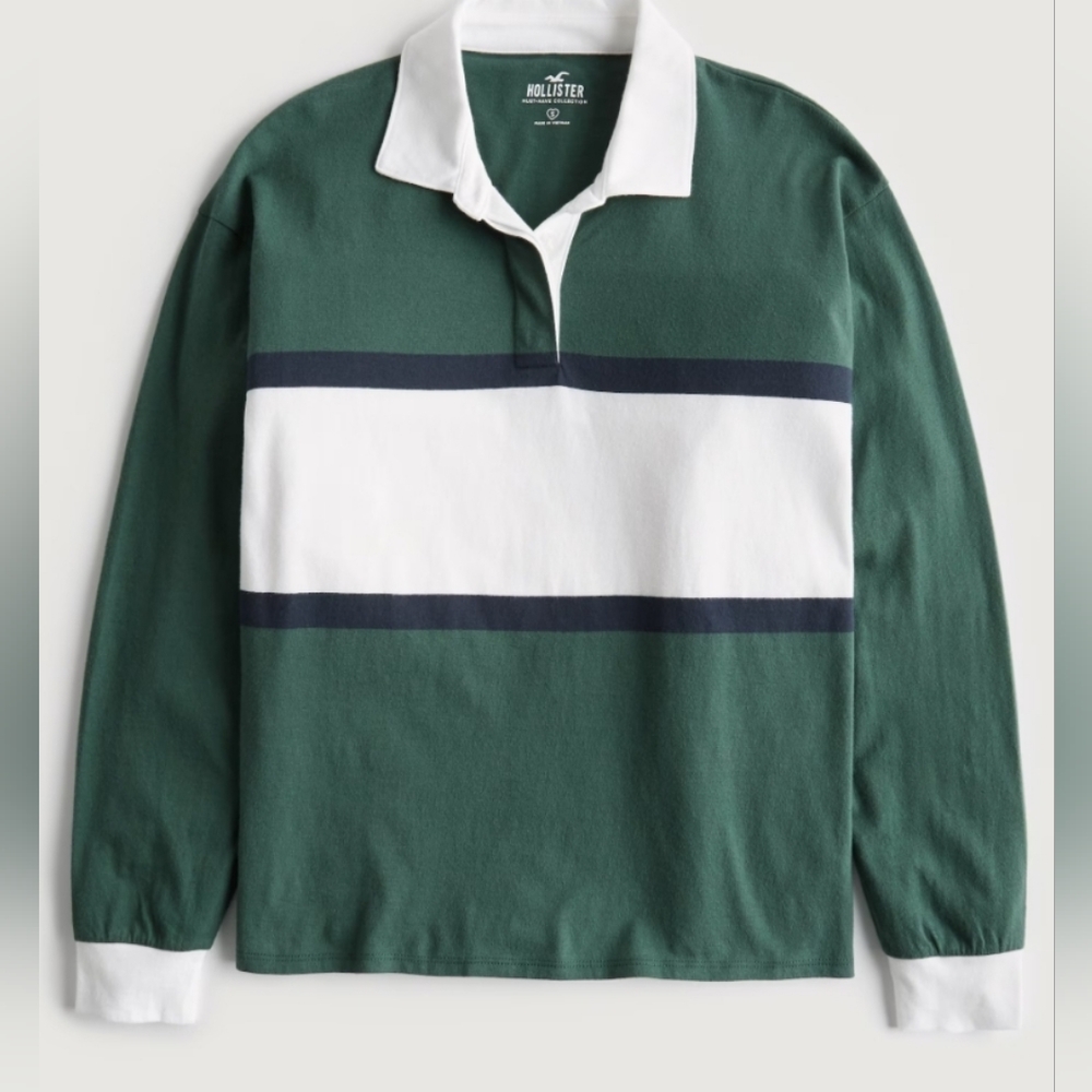 Hollister Green and White Long Sleeve Polo Jersey